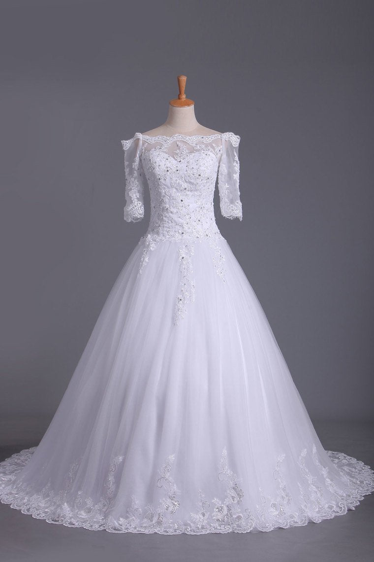 Mid-Length Sleeves Boat Neck Wedding Dresses A Line Tulle With Applique ...