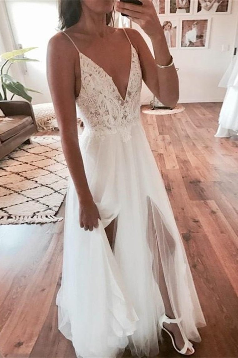 Buy Flowy Spaghetti Straps Ivory Lace Tulle Long V-Neck Beach Wedding ...