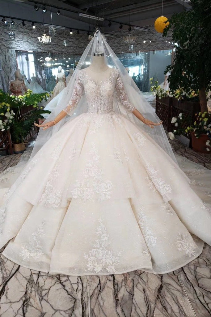 Ball Gown Lace Up Back Cathedral Train Wedding Dress Appliques&Beads ...