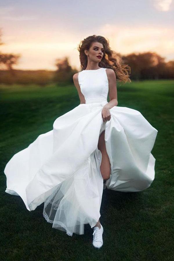 Buy Elegant A-line Bateau Ivory Sleeveless Satin Prom Dress Simple ...