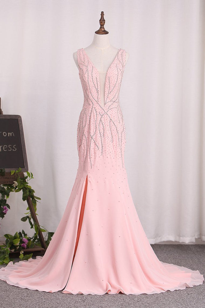 Open Back V-Neck Mermaid Chiffon With Beads And Slit Prom Dresses ...