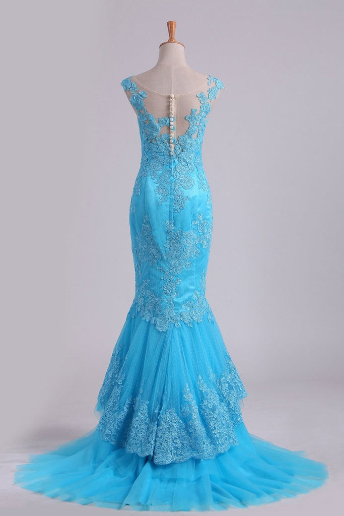 Mermaid Evening Dresses Bateau Tulle With Applique Sweep Train Online ...