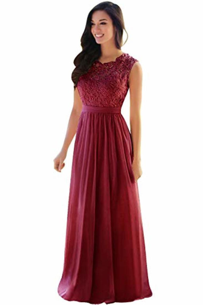 Buy Lace Chiffon Prom Dresses A Line Round Neck Long Evening Dresses ...