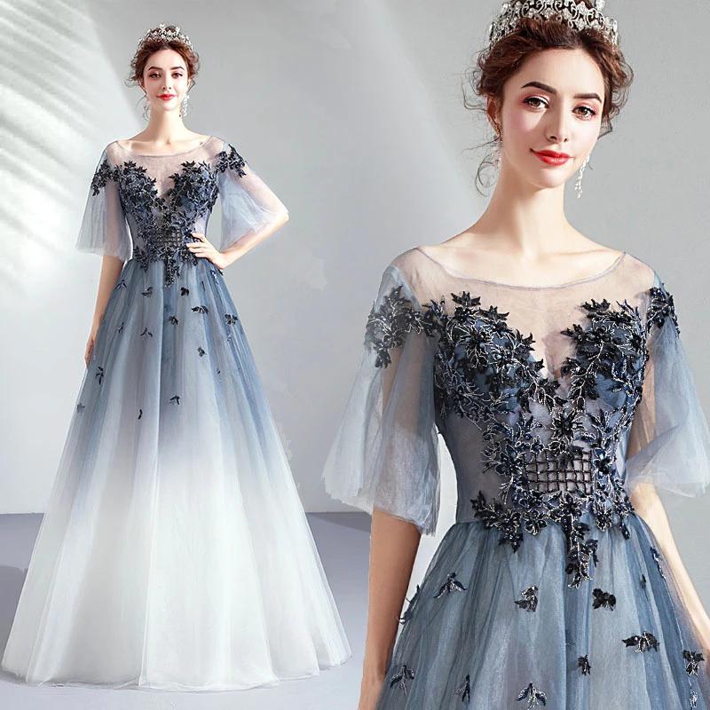 Buy A Line Half Sleeves Tulle Long Ombre Prom Dress with Appliques Blue ...