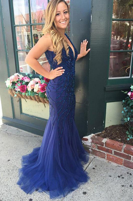 Buy V-neck Beading Backless Long Mermaid Prom Dresses Evening Dresses ...