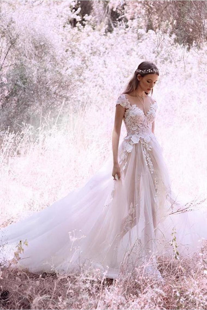 Buy Princess Ivory Cap Sleeve Tulle Long Cheap Wedding Dresses Online ...