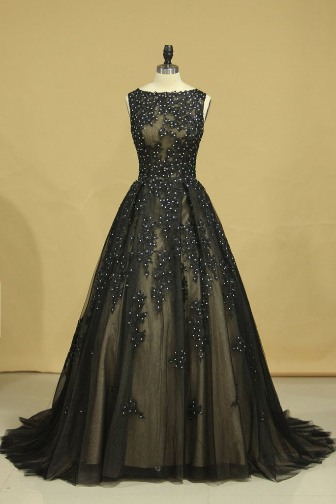 Black Sexy Bateau A-Line Prom Gown Sweep Train With Beads & Applique ...