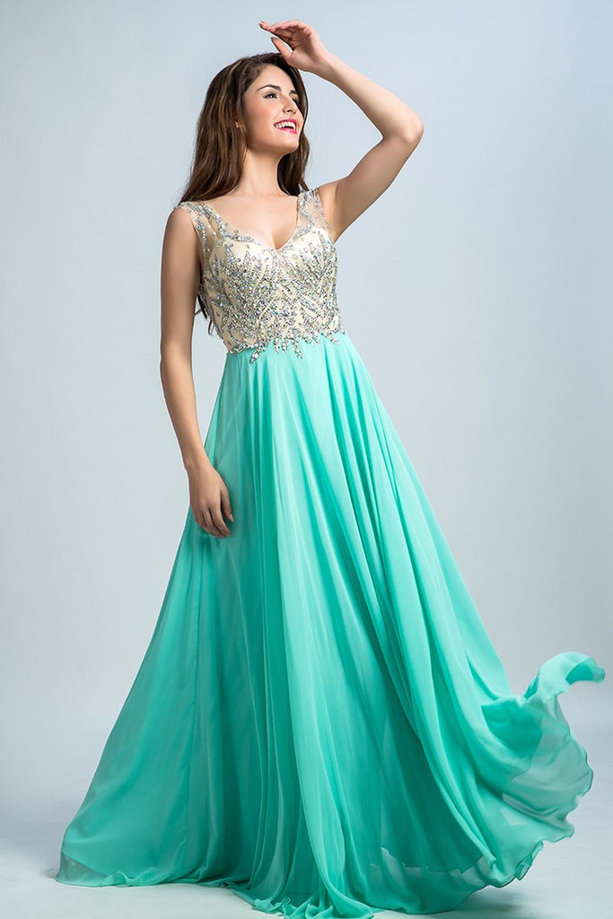 V Neck Prom Dresses A Line Beaded Bodice Sweep Train Chiffon & Tulle ...