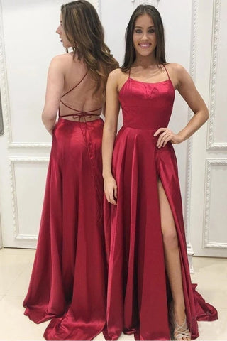 A Line Red Sexy Side Slit Cheap Long Prom Dresses Stunning Evening Dresses
