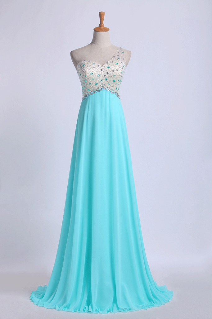 One Shoulder Prom Dresses A Line With Beading Tulle And Chiffon Sweep ...