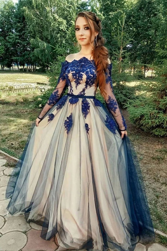 Buy Unique Long Sleeve Off the Shoulder Tulle Long Prom Dresses ...