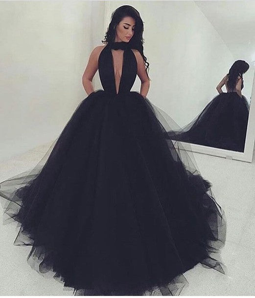 Buy 2022 Elegant Black Ball Gown Sexy Backless Long Sleeveless V-Neck ...