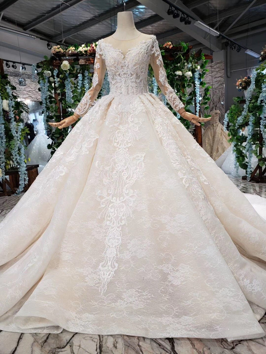 Buy Princess Long Sleeve Beads Lace Appliques Ivory Prom Dresses ...