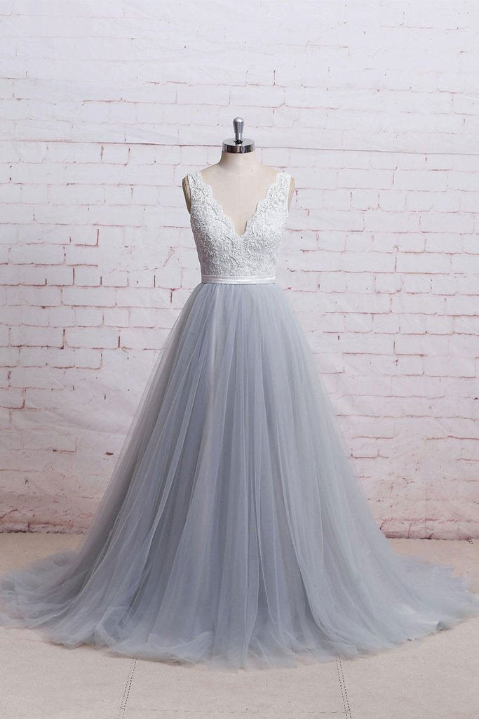 Buy A Line V Neck Ivory Lace Bodice Grey Tulle Skirt Chapel Train Appliques Wedding Dress Js287 6859