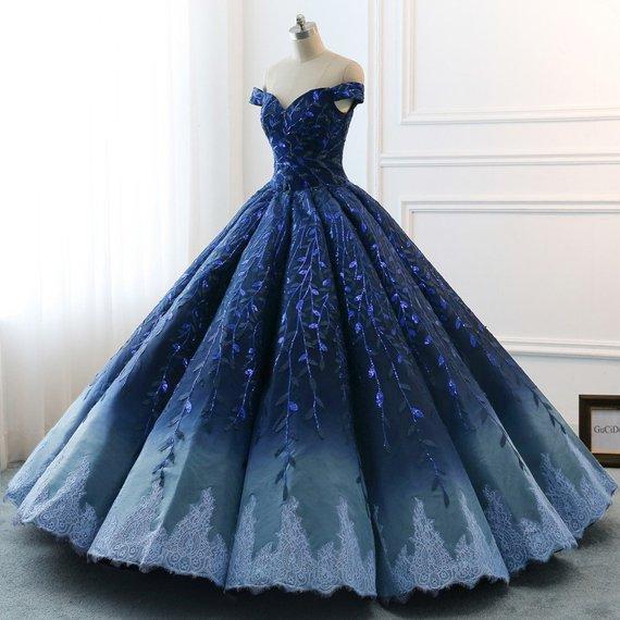 Buy Ball Gown Navy Blue Lace Applique Ombre Off the Shoulder Princess ...