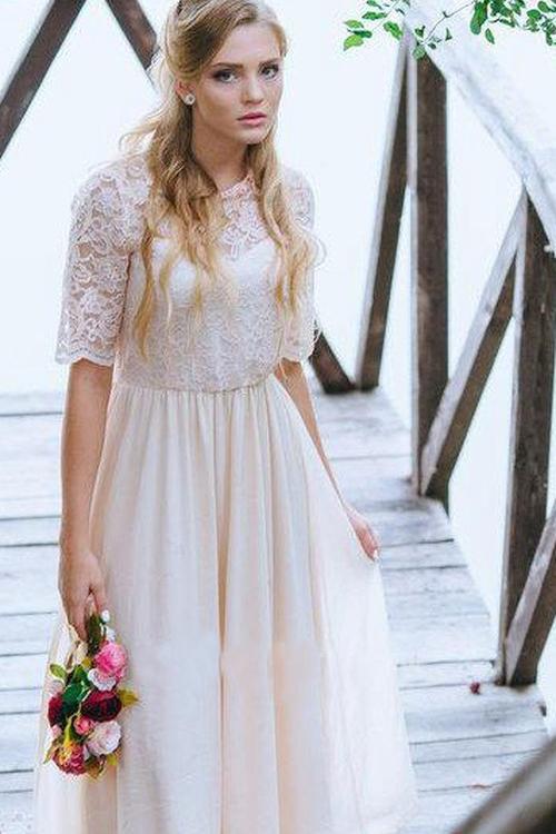 Buy A Line Half Sleeve Lace Chiffon Ankle Length Prom Dress with Jewel ...