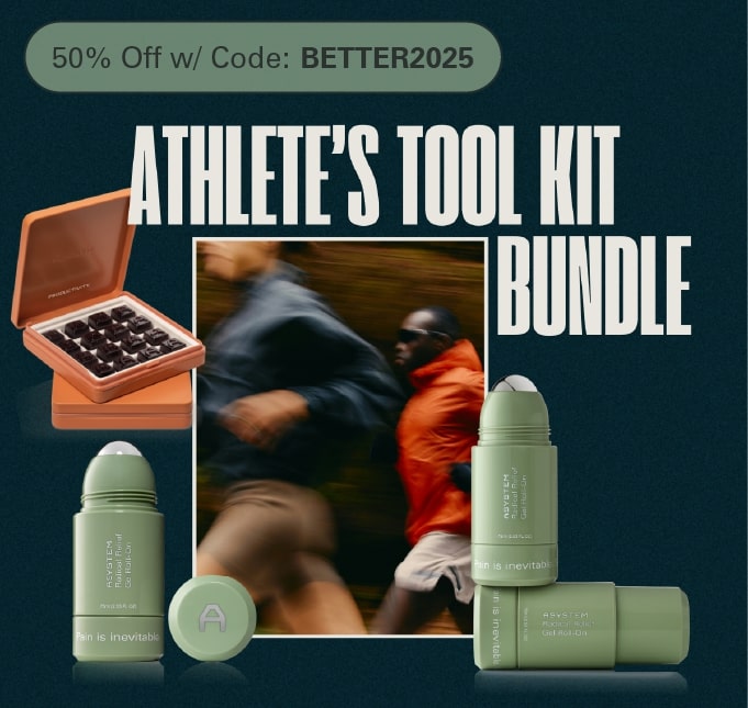 Athlete's Tool Kit Bundle advertisement with running athletes and skincare products.