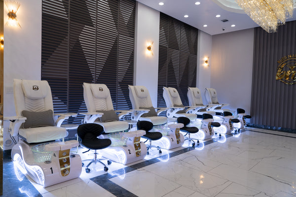 Bliss Nail Bar. White Lucent II Spa Chairs with LED illuminated base