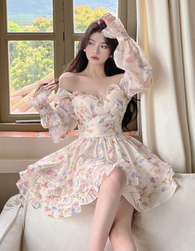 Coquette Aesthetic Soft Girl White Floral Puff Sleeve Dress