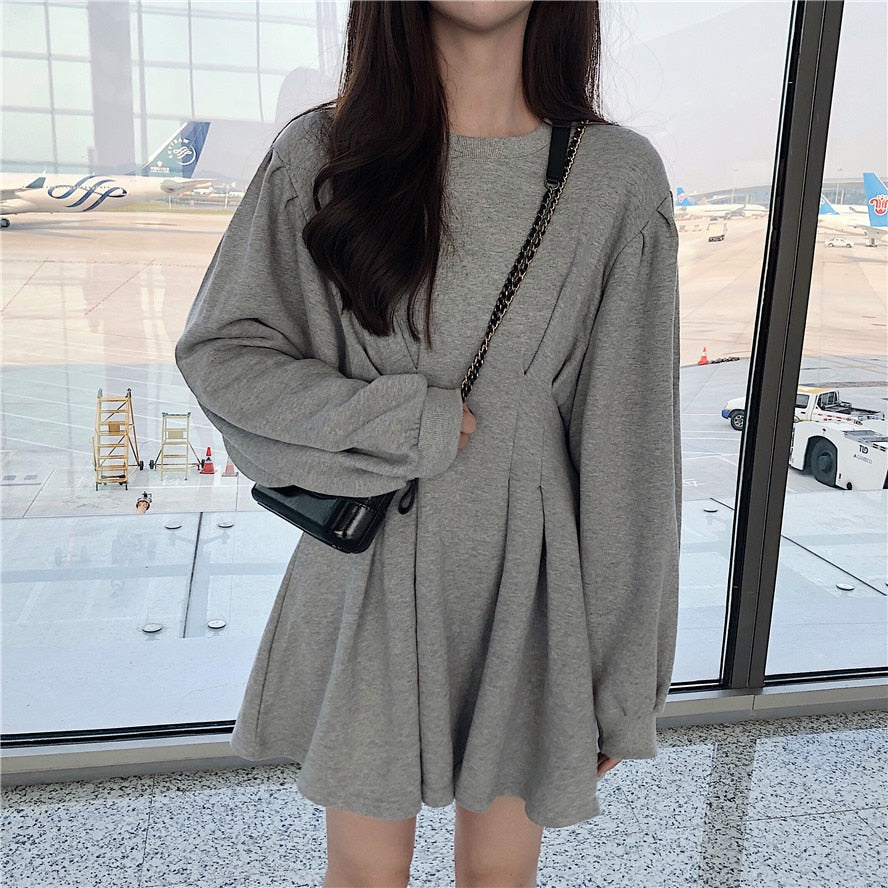 Korean Style Grey Waist Fold Dress – The Kawaii Factory