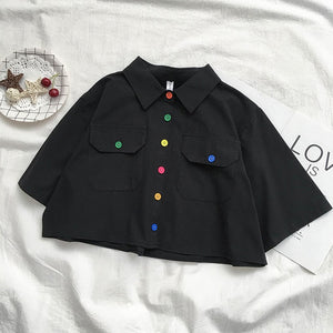 Harajuku Color Buttons Oversized Cropped Shirt (5 Colors) – The Kawaii ...