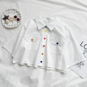 Harajuku Color Buttons Oversized Cropped Shirt (5 Colors) – The Kawaii ...