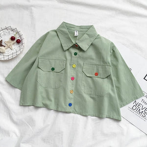 Harajuku Color Buttons Oversized Cropped Shirt (5 Colors) – The Kawaii ...