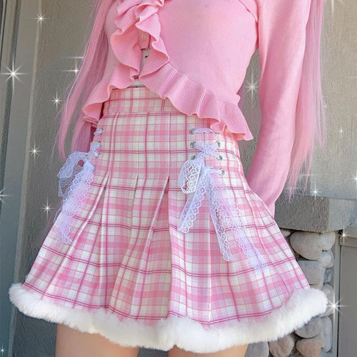 Pink Plaid Pleated Short Korean Fashion Skirt with Lace & Bow – Kawaiies