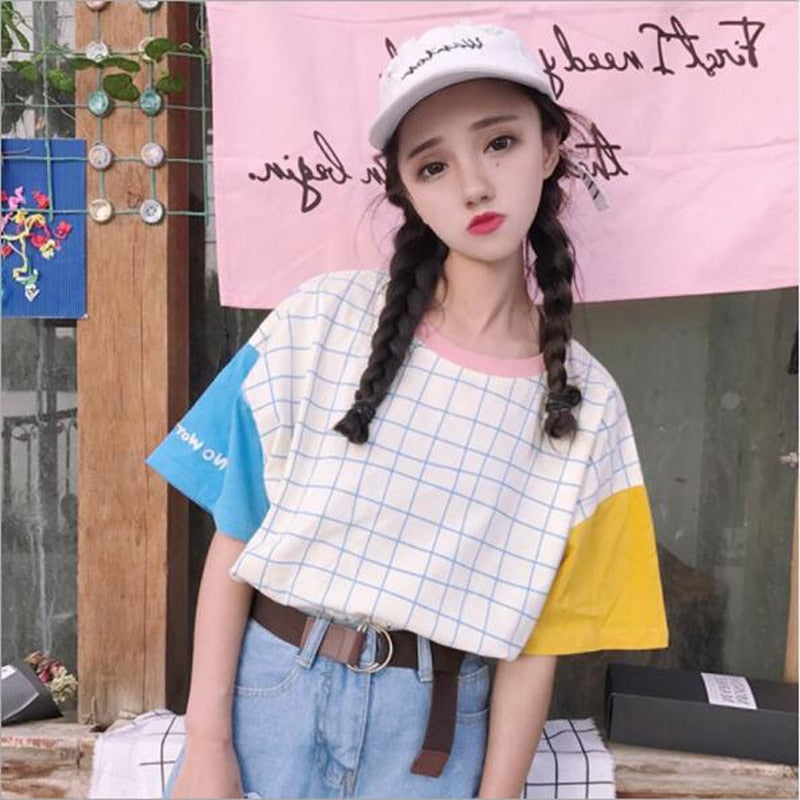 Harajuku Ulzzang Pastel Patchwork Sleeve Grid T-shirt – The Kawaii Factory