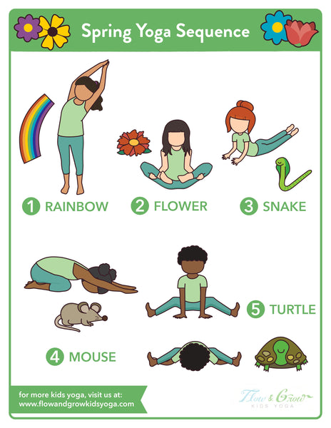  Rainbow pose, flower pose, cobra pose, child's pose (mouse), and turtle pose
