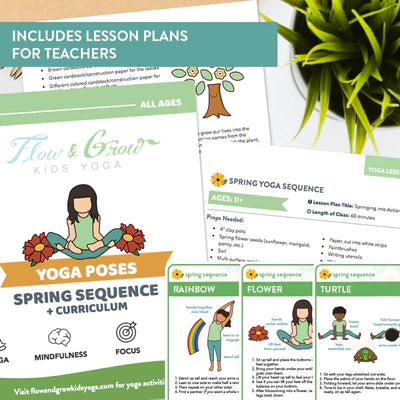 Spring Yoga Lesson Plan cards show flower, turtle, and rainbow pose