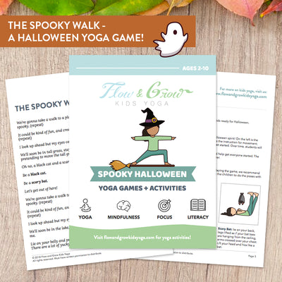 Spooky Halloween Yoga Lesson Plan with witch in warrior 2 on a broom!