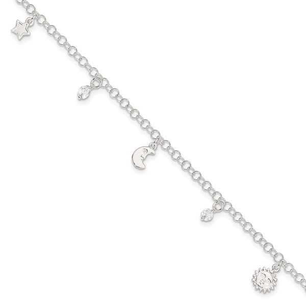 Sterling Silver Polished Sun Moon and Stars 9in Plus 1in Ext. Anklet-WBC-QG2777-9