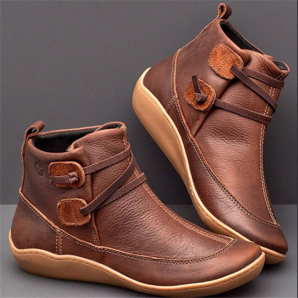 Casual Vintage Women's Soft Leather Round Toe Braided Strap Flat Boots ...