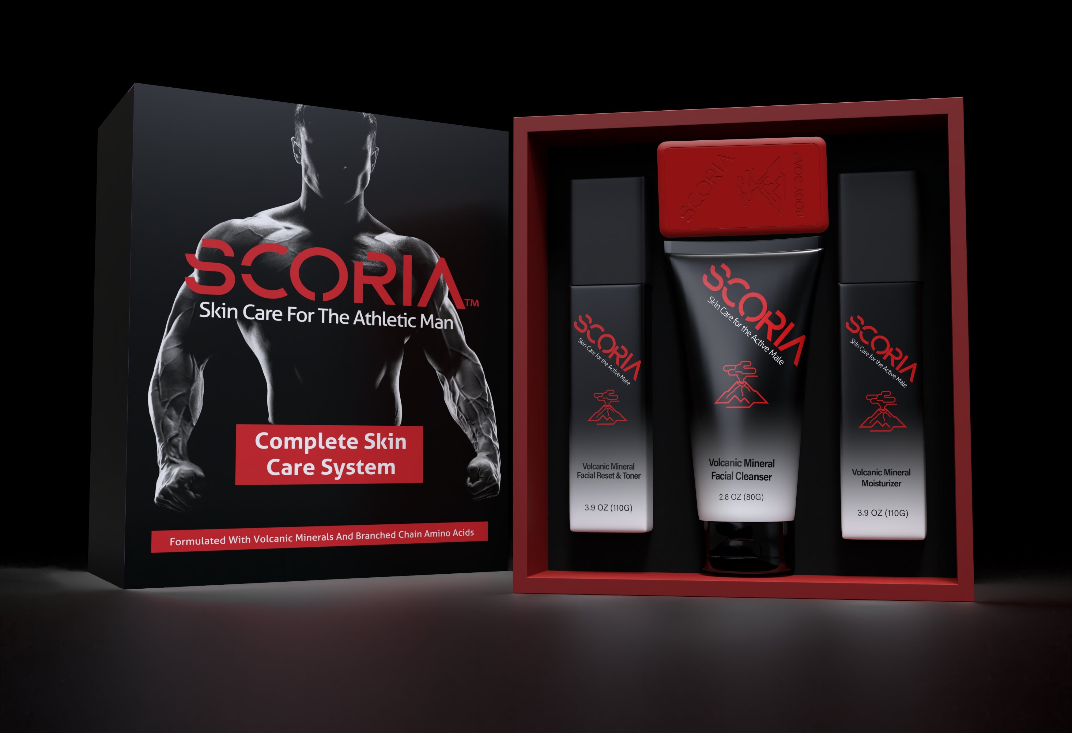 Product Shot. Scoria Skin Care Kit For Men. Contains (1)  2.8 oz Volcanic Mineral Cleanser, (1) 3.9 oz Volcanic Mineral Facial Reset & Toner, (1) 3.9 oz Volcanic Mineral Daily Moisturizer, (1) 5 oz Volcanic Mineral Body Bar Soap.