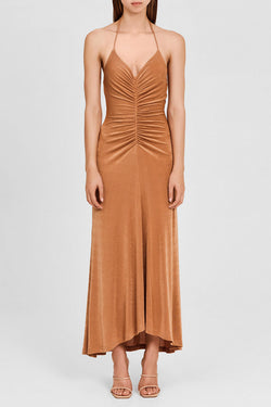 Significant Other Full Length, Halter Neck, Oak Brown Dress with Ruching Detail at Waist