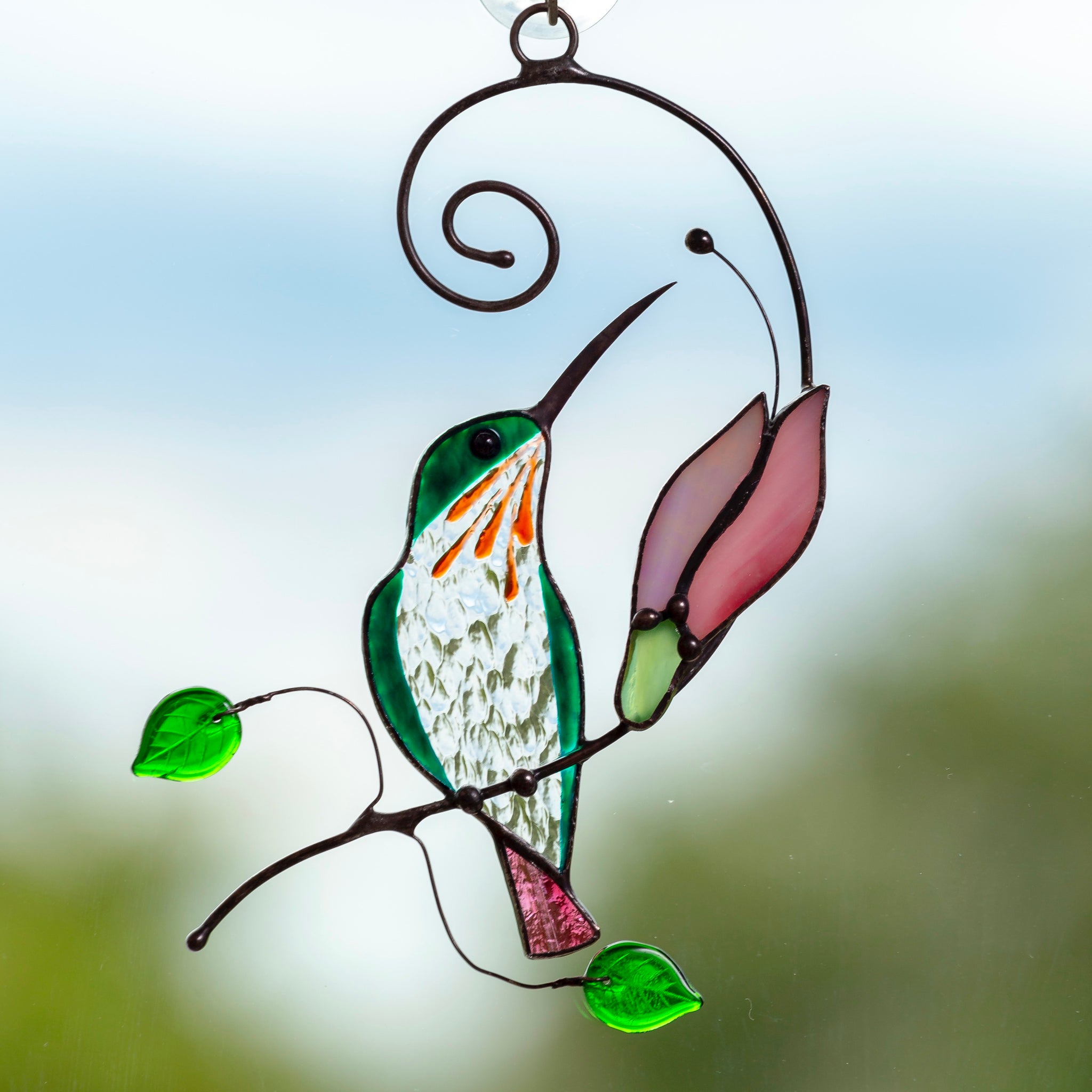 Stained Glass Hummingbird With An Orange Flower Suncatcher