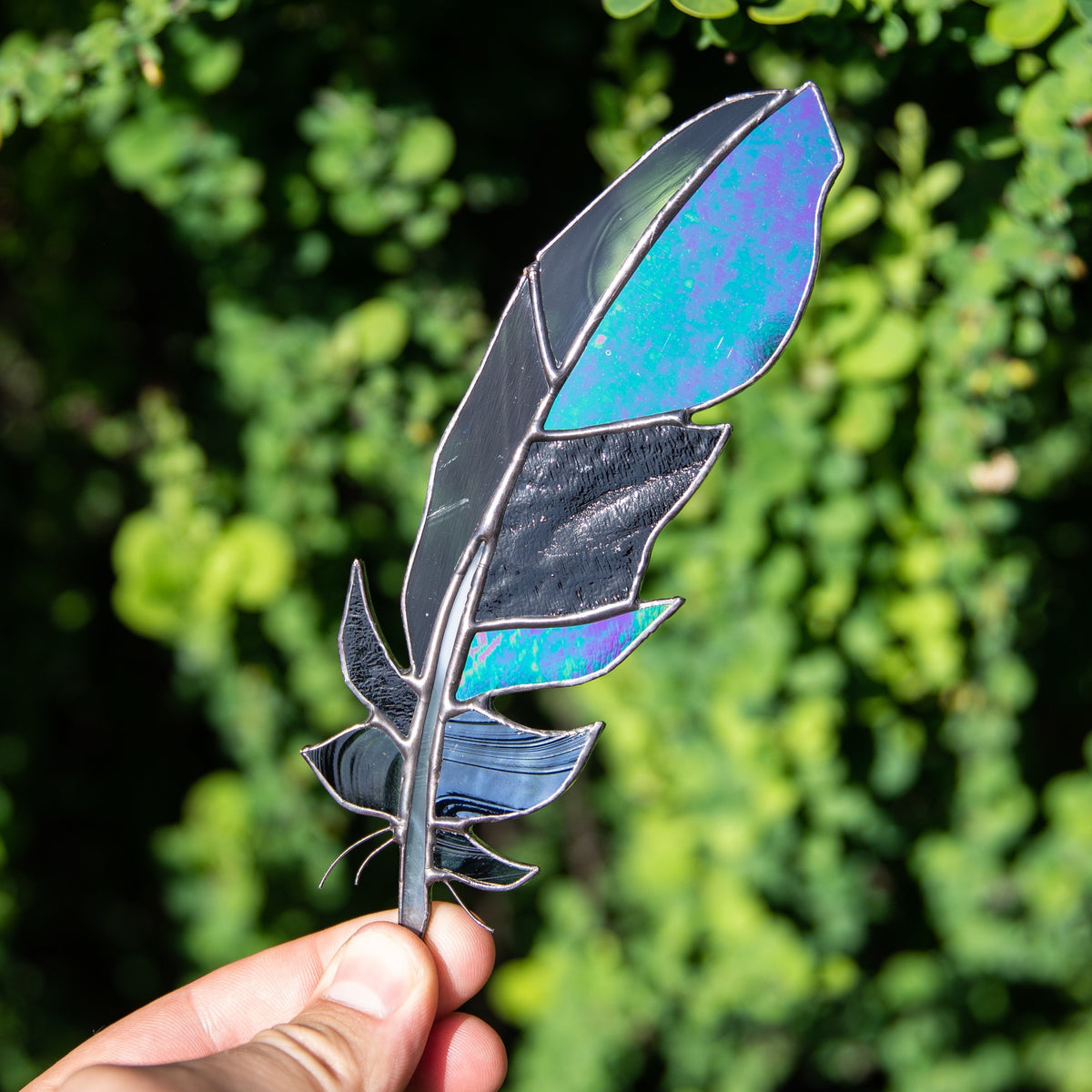 Stained glass raven feather suncatcher for window decor