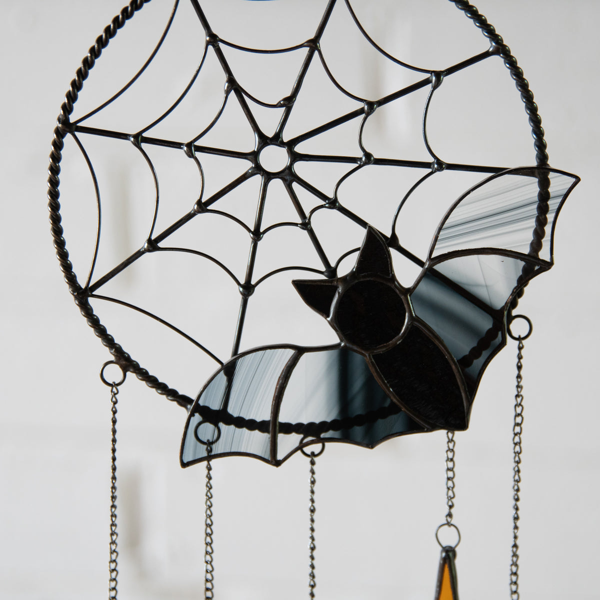 Stained glass black bat in spider web Halloween dreamcatcher