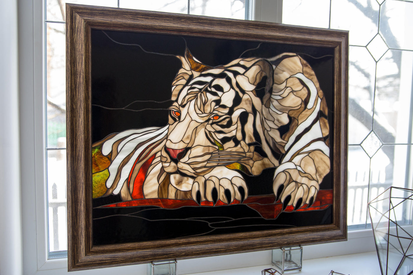 White tiger wall art Custom stained glass panel gift for tiger lover