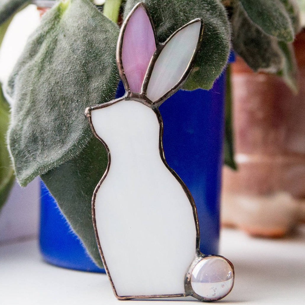 Stained glass white Easter bunny suncatcher for home decor