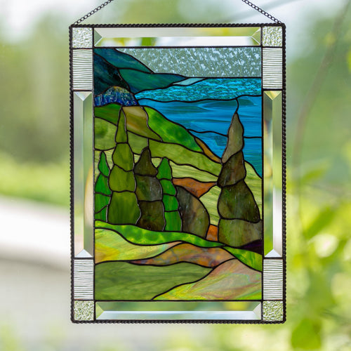 Stained glass highlands landscape window panel for home decoration