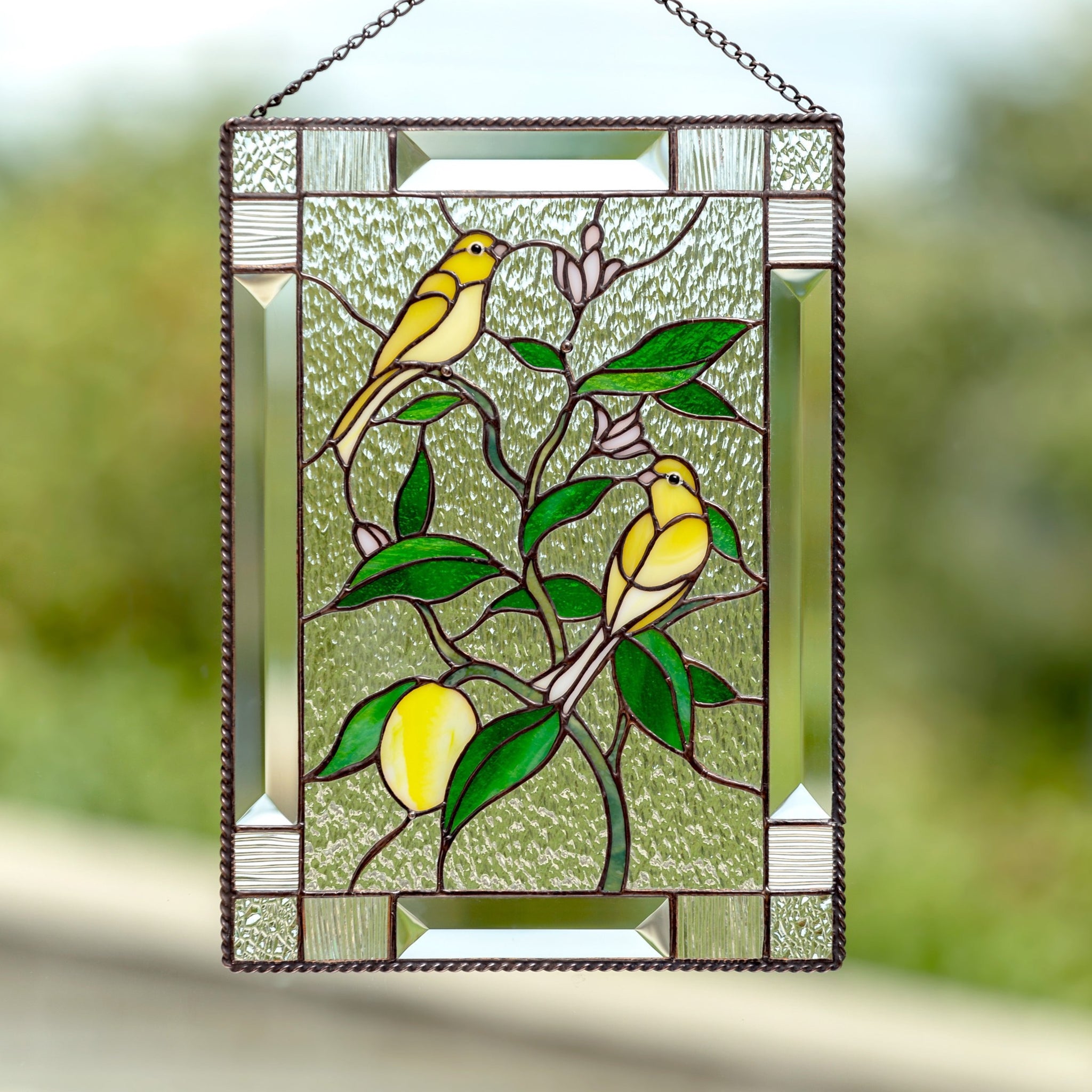 Stained glass window panel canary birds on lemon tree mom gift Modern