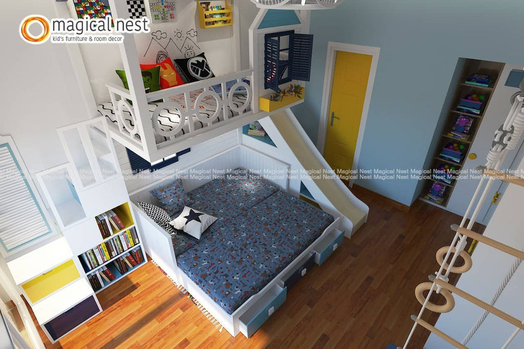 Same-Level Trundle bed with loft and a slide