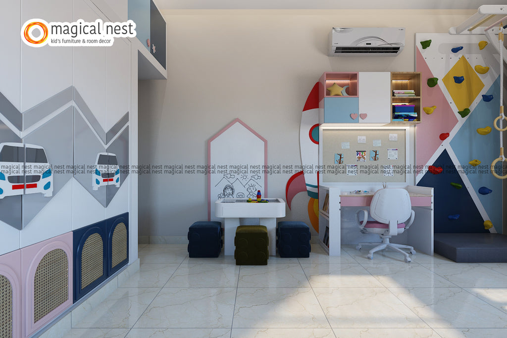 A vibrant Magical Nest kid's room with a creative corner featuring a colorful rocket-shaped bookshelf, a rock climbing wall, and a cozy study desk with a white chair.