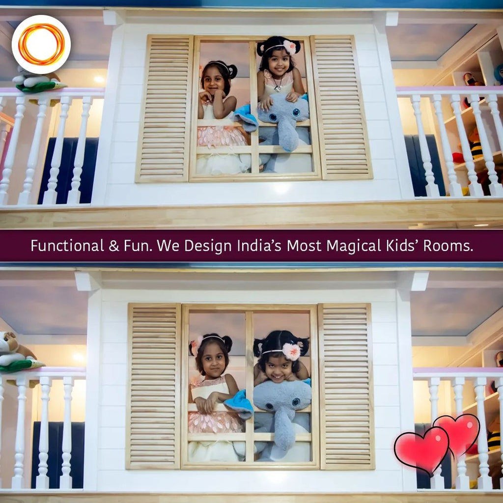 Two young girls looking playfully through a wooden loft from their kid's room.