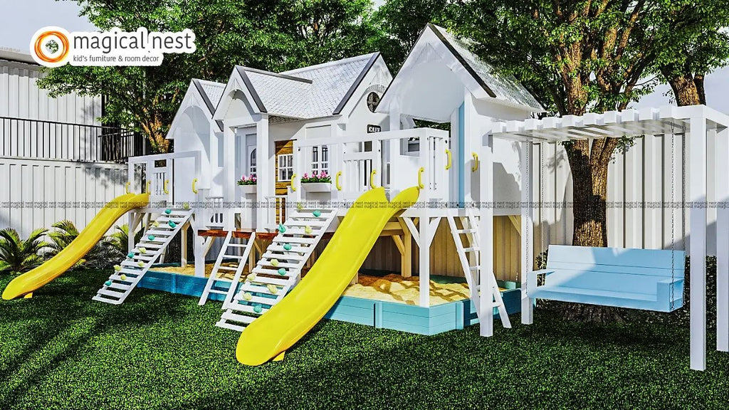 A stupendous white cubby house with planters and windows with a climber and slide and a sandpit accompanied by a lovely blue swing.