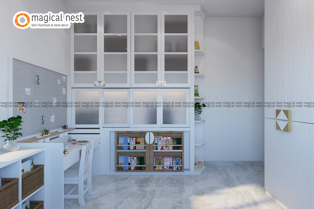 A study room with two study tables, a wall-height bookshelf with mini cabins, and a pin-up board.