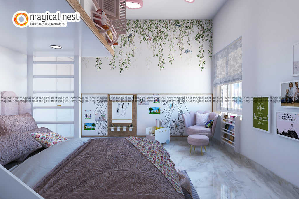 A beautiful white-pink nature theme kid’s room with pretty plants and bird wallpaper, a queen-size bed and loft area, and a sofa by the window.