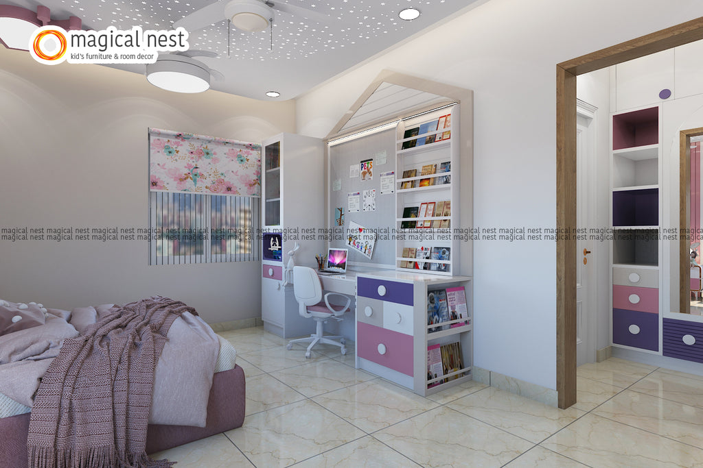 A Magical Nest girl's room designed with a whimsical starry ceiling, a pastel color scheme, and features a comfortable bed, a well-organized study area, and ample shelving for books and decor.